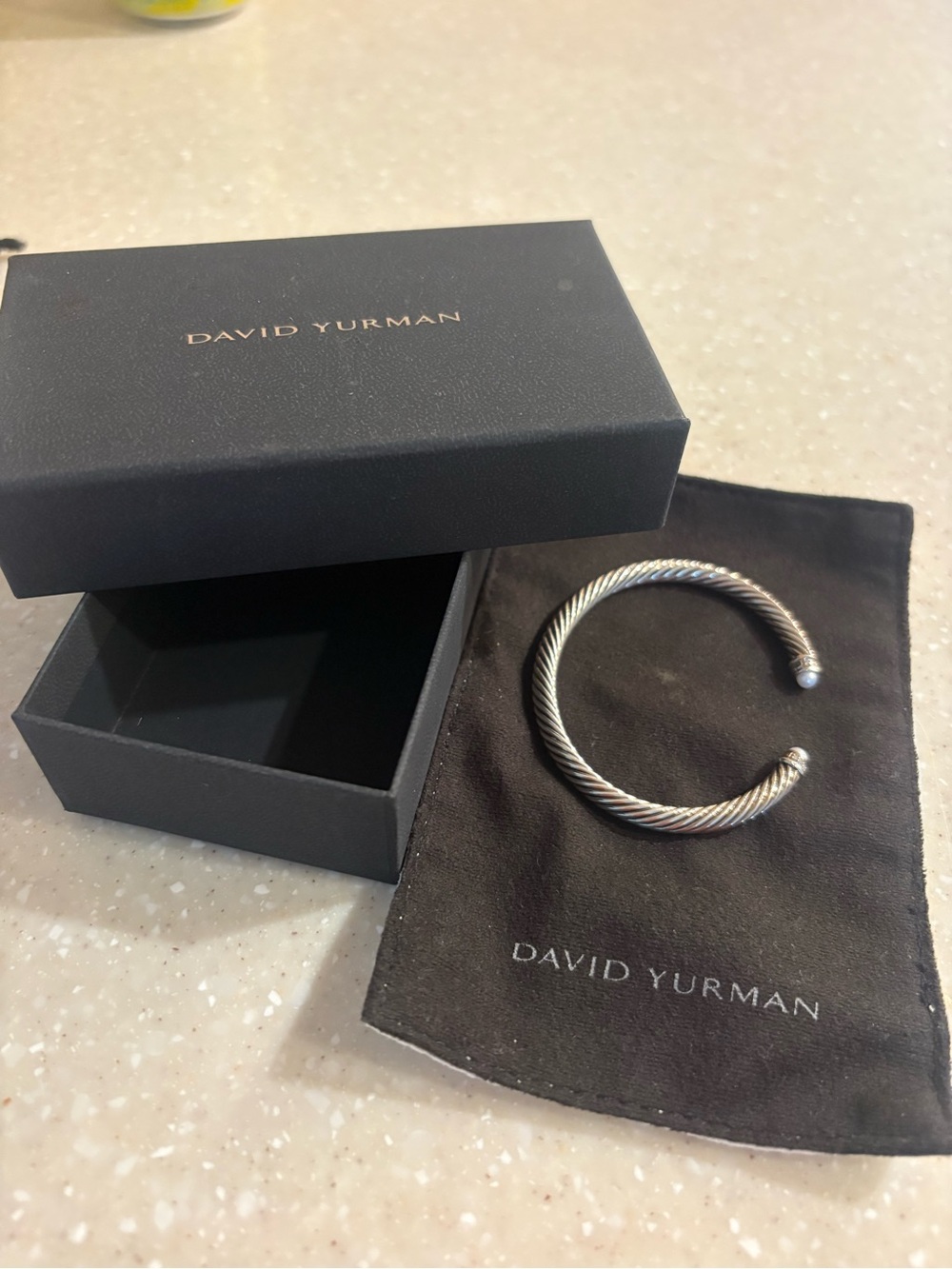 David Yurman Sterling Silver Twisted Cable Cuff with Pearlescent Endcaps - Picture 3 of 6